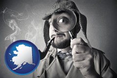 alaska map icon and vintage investigator smoking a pipe and holding a magnifying glass