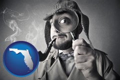 florida map icon and vintage investigator smoking a pipe and holding a magnifying glass
