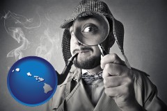 hawaii map icon and vintage investigator smoking a pipe and holding a magnifying glass