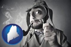 maine map icon and vintage investigator smoking a pipe and holding a magnifying glass