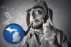 michigan map icon and vintage investigator smoking a pipe and holding a magnifying glass