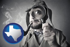 texas map icon and vintage investigator smoking a pipe and holding a magnifying glass